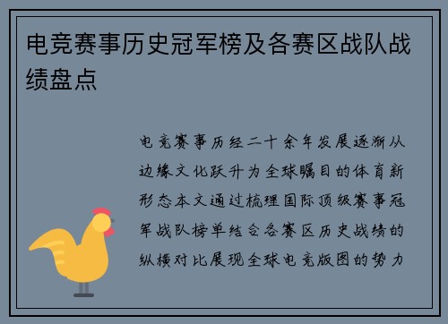 电竞赛事历史冠军榜及各赛区战队战绩盘点