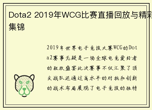 Dota2 2019年WCG比赛直播回放与精彩集锦